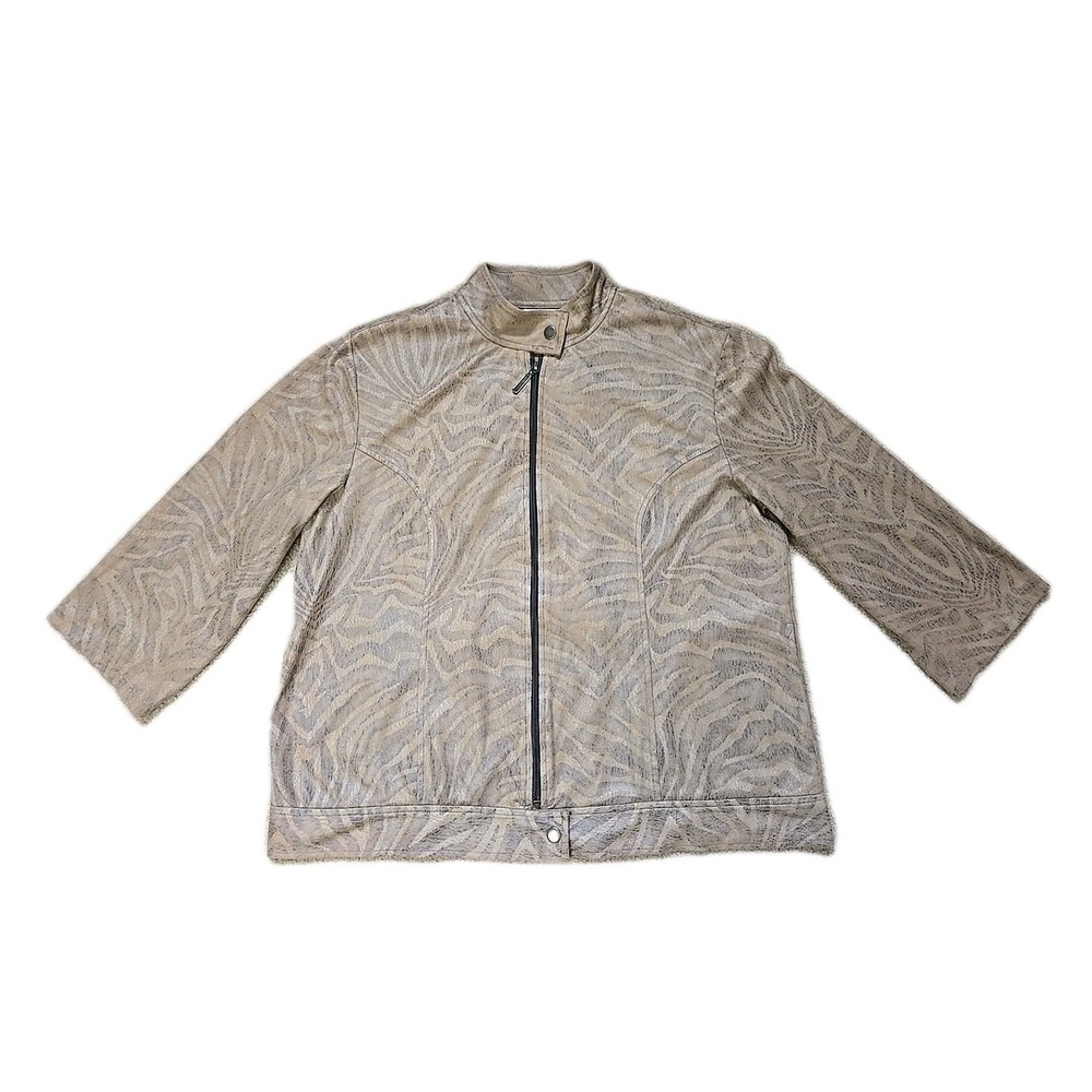 Chico's 2 Women's 12 Jacket Beige Metallic Zebra Print Faux Suede Bomber